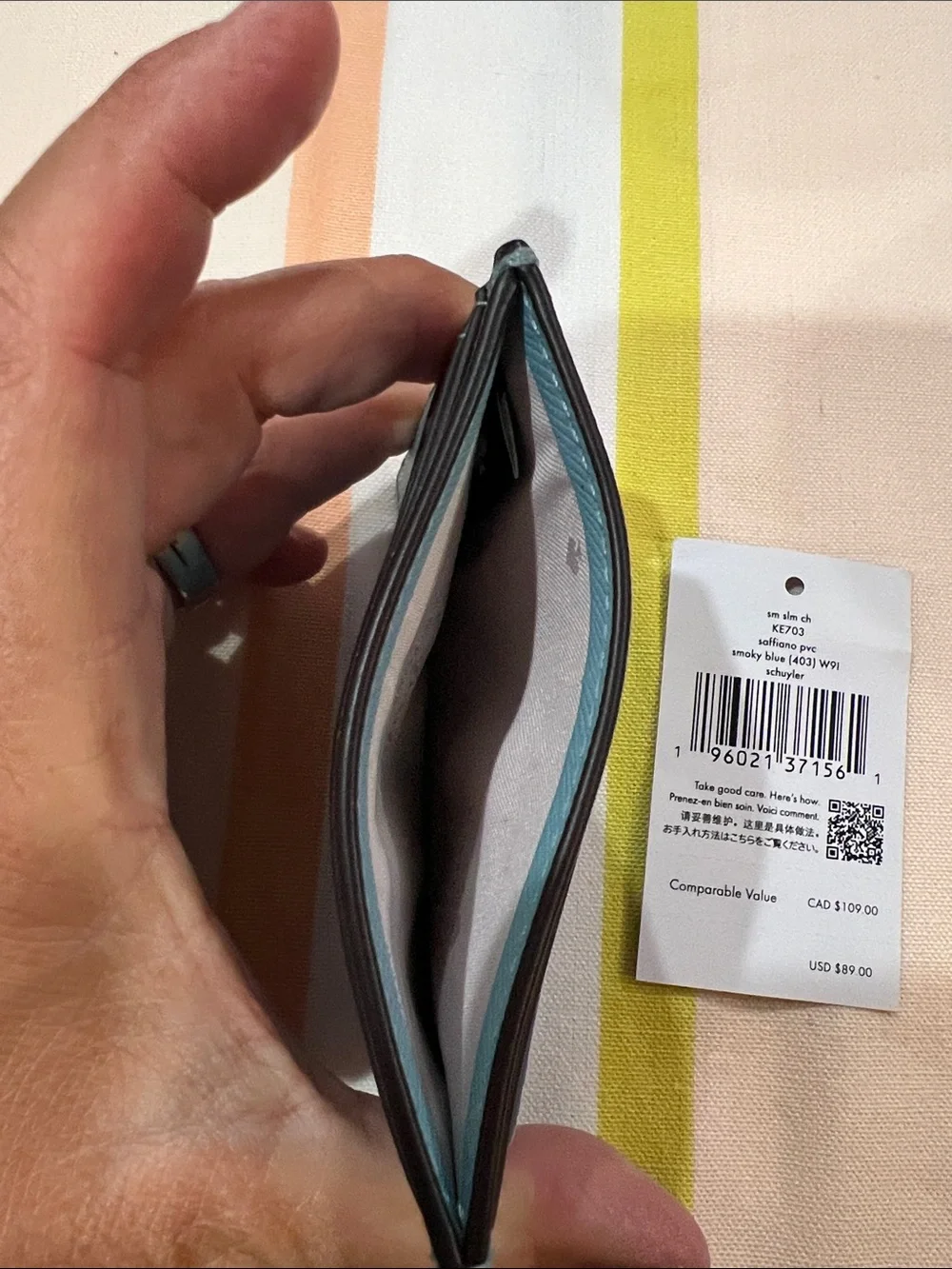 kate spade smoky blue pvc Saffiano Leather Card Case with Gold Logo KE703